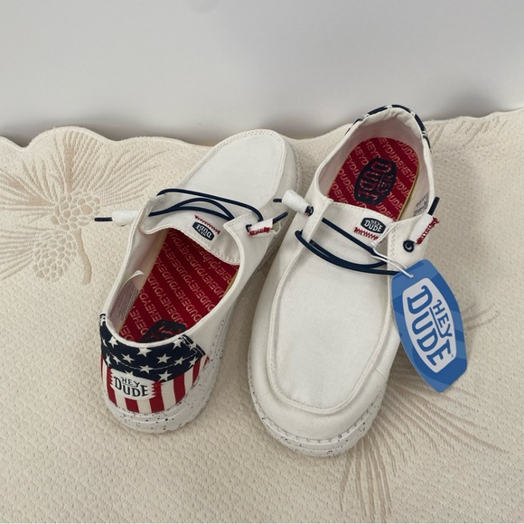 Hey Dude Shoes - Hey Dude Wendy Americana Off White Patriotic Women's Size 11 flag design